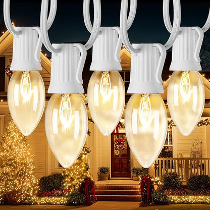 Minetom C9 Christmas String Lights Outdoor 50ft Vintage Christmas Tree Lights for Indoor Outdoor Roofline Patio Room Holiday Party Backyard Xmas Decoration, White Wire, 50+2 Bulbs