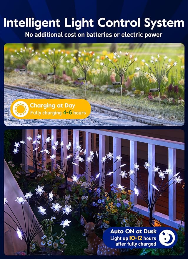 Brightown Christmas Pathway Lights - 4 Pack 48 LED Snowflake Outdoor Lights with 2 Modes, Swaying with Wind, Waterproof Solar Firefly Light Decoration for Yard, Cool White