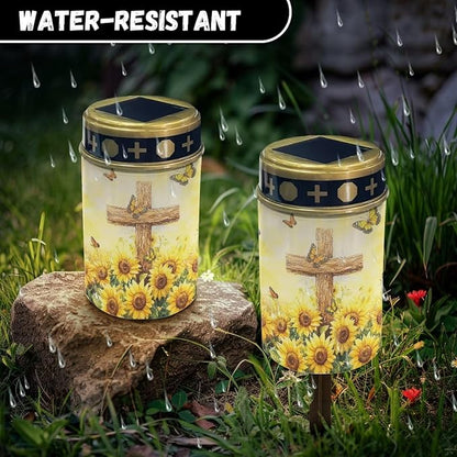 Solar Lights Outdoor Waterproof Cross Sunflower Print Cemetery Garden Lights for Grave Flameless Lamp Candles for Outdoor Decoration