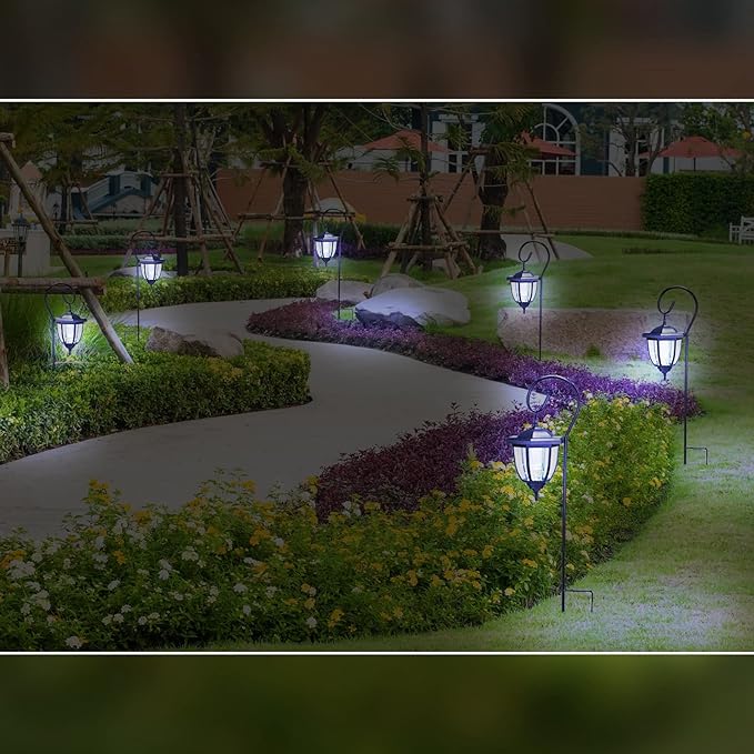 Retisee 6 Pcs 34" Hanging Solar Lantern Lights with Dual Use Shepherd Hooks Outdoor LED Garden Lanterns Decorative Waterproof Pathway Solar Coach Lights for Garden Patio