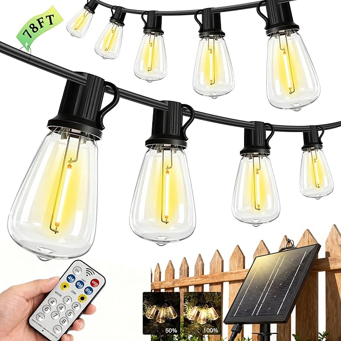 78(72+6) FTSolar String Lights Outdoor IP65Waterproof, Garden LightUSB & Solar Charging,With Remote And 36+2 LED Shatterproof Bulb 8 Light Modes,Dimmable solar lights,Decoration For Camping Backyard