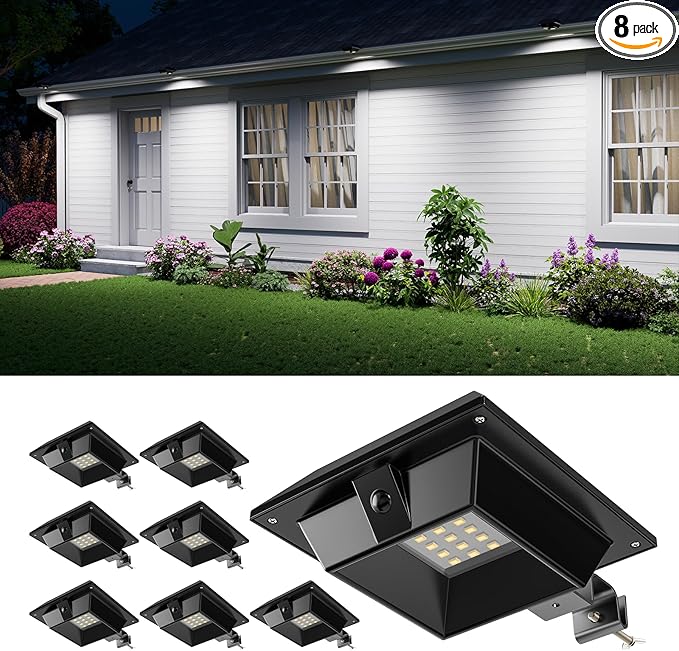 8 Pack Solar Powered Gutter Lights Outdoor Waterproof 12 LED Clip On Gutters Light for Eave, Roof, Rainspout, Fence, Railing, Wall, Garage, House Porch, Deack, Yard, No Damage Installation(Cool White)