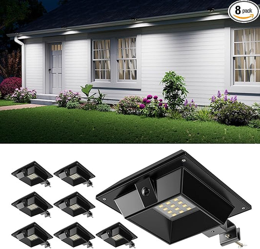 8 Pack Solar Powered Gutter Lights Outdoor Waterproof 12 LED Clip On Gutters Light for Eave, Roof, Rainspout, Fence, Railing, Wall, Garage, House Porch, Deack, Yard, No Damage Installation(Cool White)