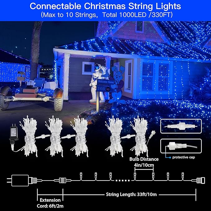 33FT 100 LEDs String Lights Waterproof Fairy Lights 8 Modes with Memory 30V Power Supply for Home, Garden, Wedding, Party, Christmas Decoration Indoor Outdoor (Blue)