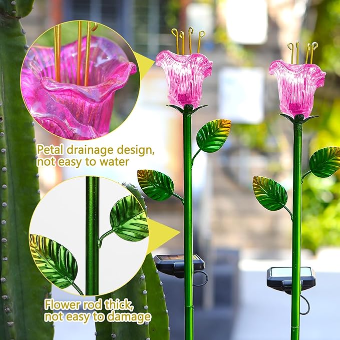 Outdoor Decorative Flowers 2 Pack, Waterproof Pink Glass Lily Flower Lights, Auto ON/Off Solar Decorative Lights for Garden, Patio, Backyard