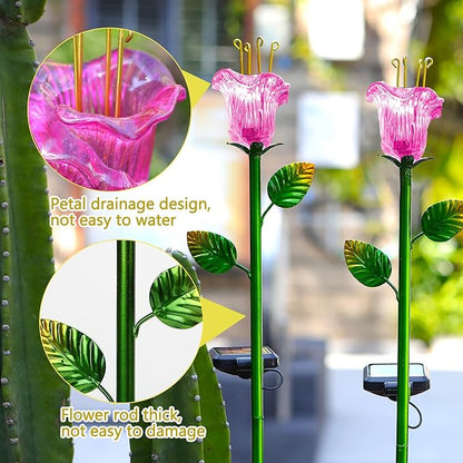 Outdoor Decorative Flowers 2 Pack, Waterproof Pink Glass Lily Flower Lights, Auto ON/Off Solar Decorative Lights for Garden, Patio, Backyard