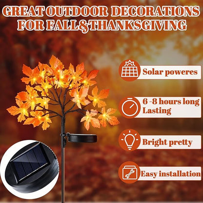 VIHOSE 4 Pcs Fall Maple Outdoor Solar Lights Thanksgiving Decorations LED Tree Lights Powered Solar Stake Waterproof for Outside with Adjustable Branches Autumn Decorations for Yard Lawn Patio