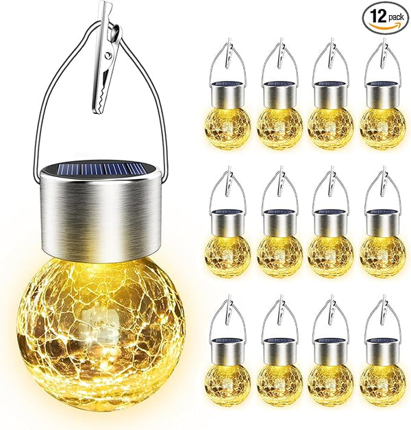 Solar Hanging Lanterns Outdoor: 12 Pack Cracked Glass Ball Lights with Hook - Waterproof Warm White Fairy Globe | Lumora