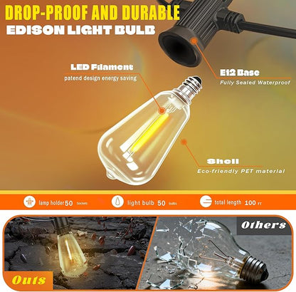 GUNABAY Outdoor Solar String Lights with Remote -100FT Wire and 50+1 LED shatterproof Bulbs,dimmable Waterproof Fairy Lights for Patio, Garden, Yard, Balcony & Party Decor