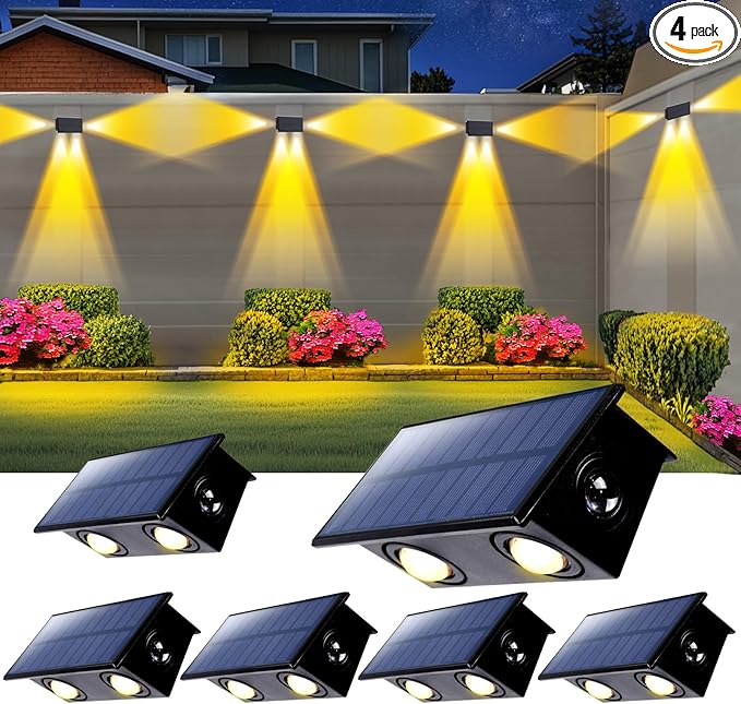 6 Pack 3-Side Solar Fence Lights Outdoor Waterproof with Warm White LED Spot Lens, for Wall, Deck, Patio, Yard, Rail, Garage, Pool, Designed for Enhanced Security, Easy Install