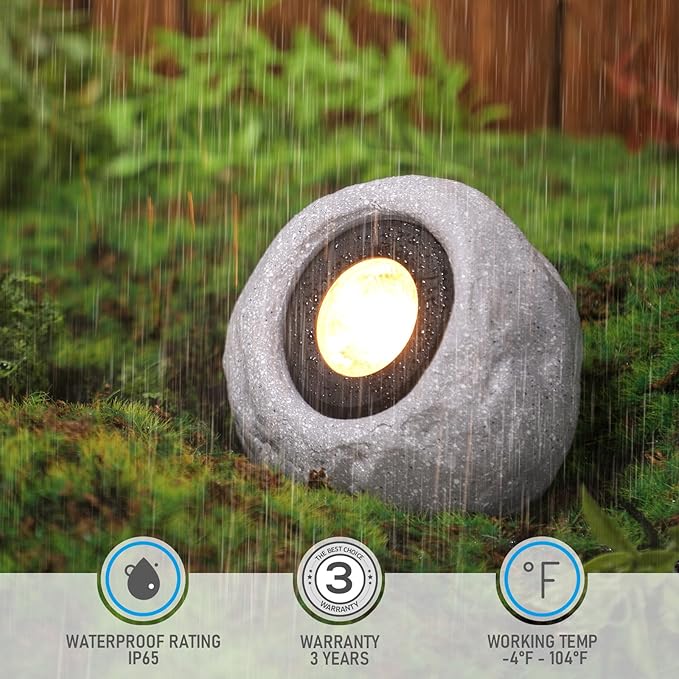 LEONLITE 5CCT LED Rock Lights Outdoor, 5W Low Voltage Landscape Spot Light for Garden, Yard, Decorative Stone Light, 12-24V AC/DC, CRI90, 200lm, IP65 Waterproof, Round, Light Gray, Pack of 4