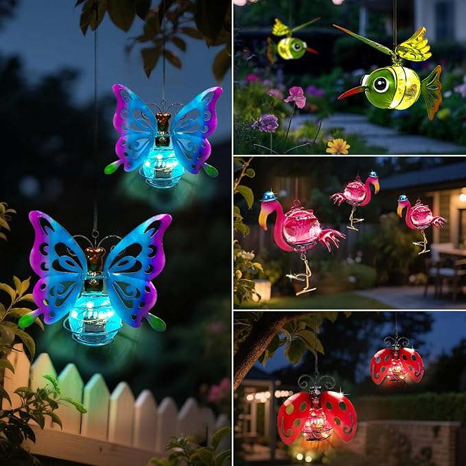 4-in-1 Solar Hanging Lights LED Outdoor Garden Decor Light Waterproof Powered Unique Decorations for Sister Birthday Gardening Gifts for Mom Women Backyard Yard Path Front Porch Balcony