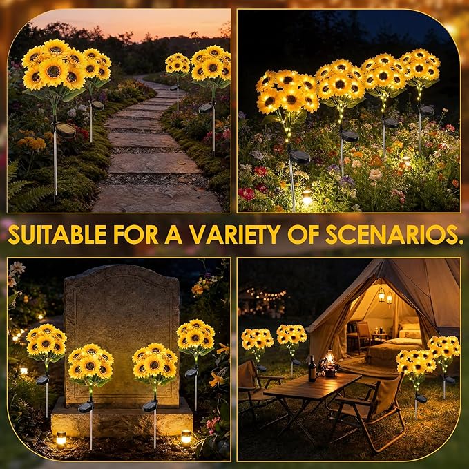 VIHOSE 4 Pack Sunflower Solar Lights with 24 Sunflowers 45 LED Ip65 Waterproof Outdoor Stake Lights with Upgraded Solar Panel for Yard Patio Landscape Lawn Garden Decor for Mom Grandma Birthday Gifts