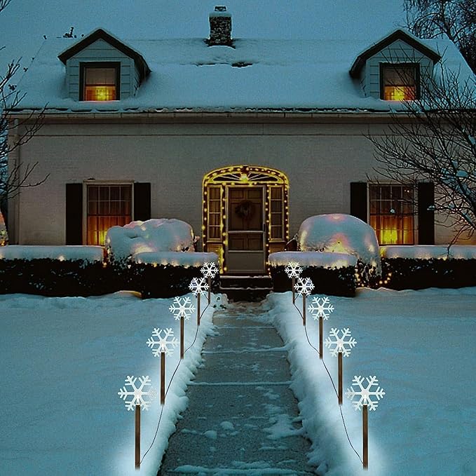 Solar Christmas Snowflake Pathway Lights, Set of 5 Outdoor Garden Lights Decorations，Waterproof Stake Decorative Light for Yard Lawn Porch Walkway Decor (Small Snowflake, 5 Pack)