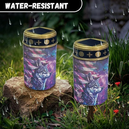 Solar Light Outdoor for Cemetery, American Flag Wolf Waterproof Garden Lights Solar Powered, Solar Lights for Garden, Balcony, Yard, Gifts for Memorial