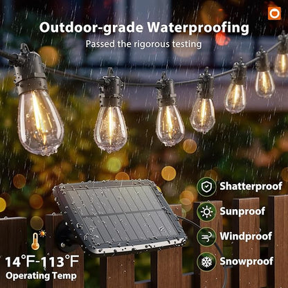 addlon 54FT(48+6) Solar String Lights Outdoor Waterproof with USB Charging & Remote Control - Dimmable Solar Power Patio Lights with LED Bulbs for Porch, Garden, Yard, Market, Bistro - Last for 20+Hrs