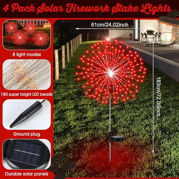 4th of July Decorations Outdoor 4 Pack Colored Solar Firework Lights with 180 LED Patriotic Solar Lights 8 Lighting Modes for Yard Pathway Garden Patio Party Decorations(Red)