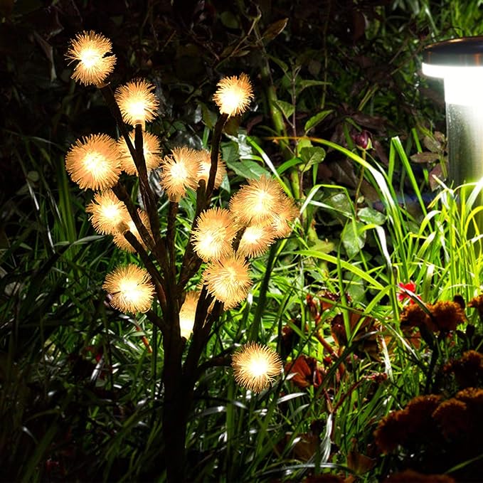 2 Pack Solar Garden Lights Outdoor, Water Proof 20LED Solar Powered Fairy Lights Dandelion Lamp Solar Lights Outdoor Decor for Outside Patio, Lawn, Garden, Yard (Warm Light)
