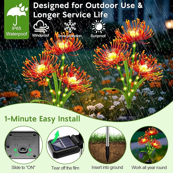 Solar Garden Flower Lights Outdoor,8 Pack Orange Spider Lily Lights with Glowing Stems,Waterproof Fall Decor Solar Yard Decor for Patio Lawn Pathway,Thanksgiving Garden Gifts for Women Mom Grandma