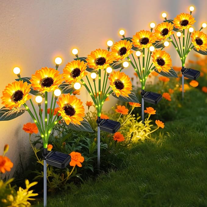 Solar Sunflower Lights Outdoor 4 Pack Solar Flowers Waterproof Outdoor with Firefly Lights,Solar Sunflowers Memorial Garden Decor for Yard Patio Porch Lawn,Birthday Gifts for Mom Women Grandma