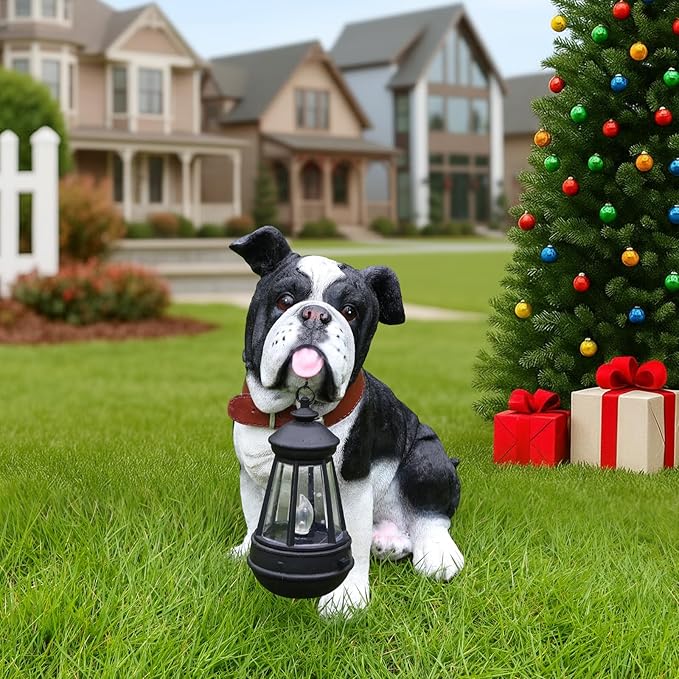 Outdoor English Bulldog Dog Statue with Interchangeable Welcome Sign and Detachable Solar Lantern –LED Light Garden Dog Sculpture Décor, Cute Puppy Design for Yard, Porch, Gift