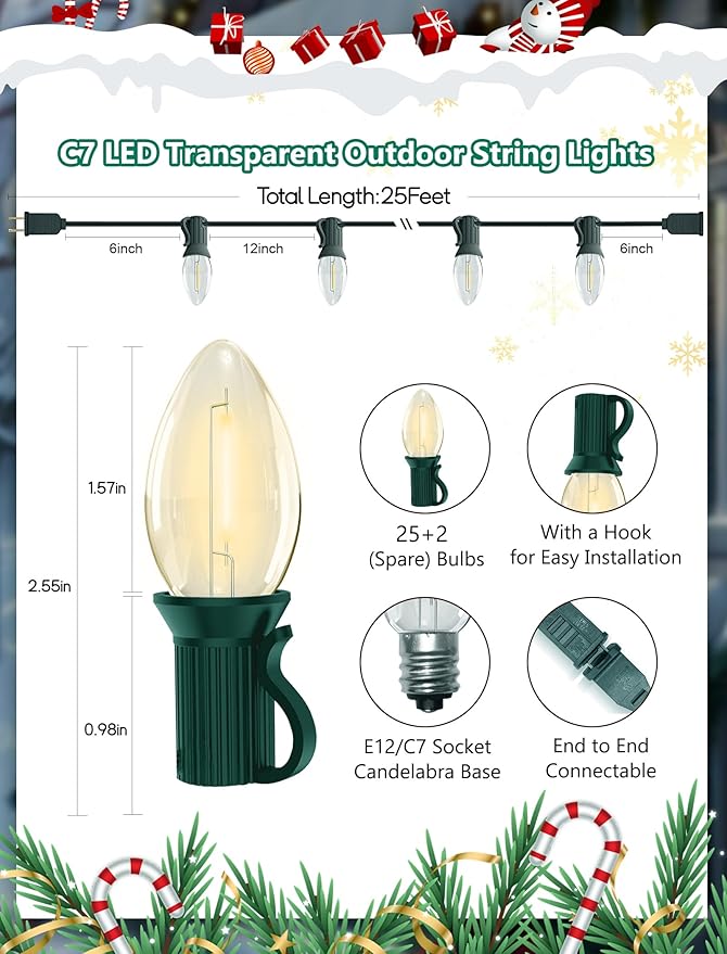 Abeja C7 Clear Christmas Lights, 25Ft C7 Christmas String Lights with 27 Clear LED Bulbs (2 Spare), Hanging Outdoor String Lights for Holiday, Party, Patio, Backyard Decoration