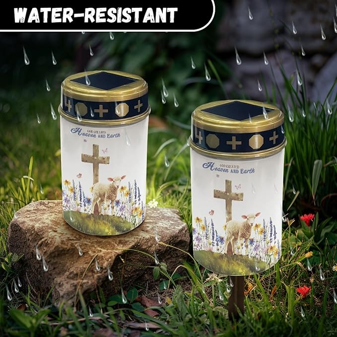 Cross and Earth Cemetery Lights for Grave,Solar Stake Lights Landscape Lighting Solar Lantern Flameless Lights Waterproof Garden Lights Cemetery Solar Lights Outdoor Lights-Warm White Lights