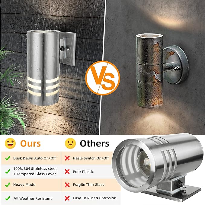 Outdoor Wall Lights, Exterior Dusk to Dawn Sensor Wall Lanterns, Stainless Steel Front Door Lights with E26 Base | Lumora