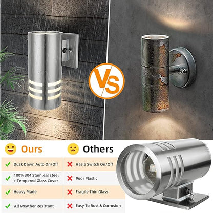 Outdoor Wall Lights, Exterior Dusk to Dawn Sensor Wall Lanterns, Stainless Steel Front Door Lights with E26 Base Socket, Anti-Rust Waterproof Up Down Wall Mount Lights for Porch Patio Garage Doorway