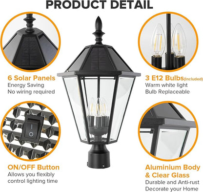 LUTEC 12513LE4-SL-Head LED Post Solar Light Outdoor, Dusk to Dawn Vintage Street Lights for Lawn Patio Yard Pathway Garden Mount (Base Not Included)