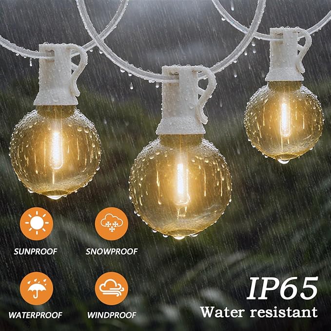 G40 LED Globe Outdoor String Lights 25FT, Waterproof & Shatterproof with 25 Clear Plastic Bulbs (2 Spare), for Cafe Bistro Porch Garden Balcony Party Decor (Warm White-White, 25FT)