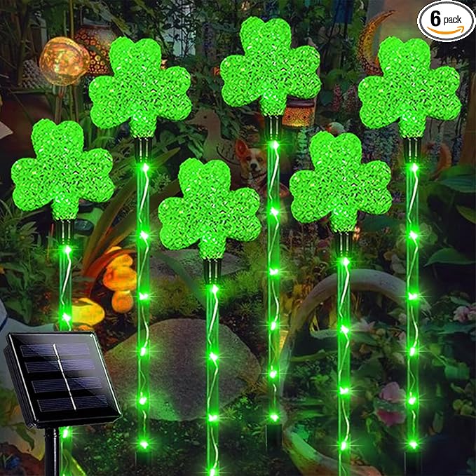 Shamrock Solar Lights for St Patrick's Day Decorations - Outdoor Waterproof 6Pack 48LED Green Garden Stake Light 8 Modes Lucky Clover for Yard, Pathway Decor