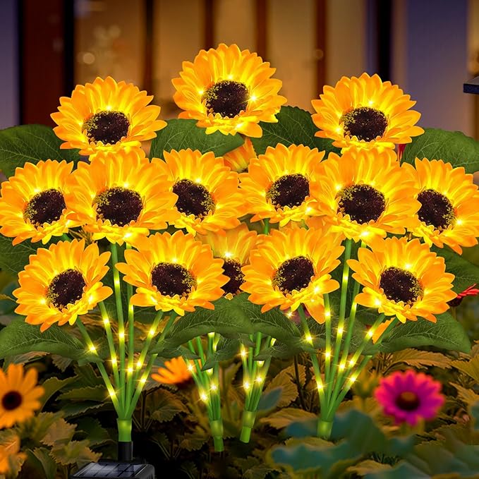 Solar Garden Lights Outdoor, 4 Pack Sunflower Lights with 24 Real Looking Flowers, Waterproof Summer Garden Decor | Lumora