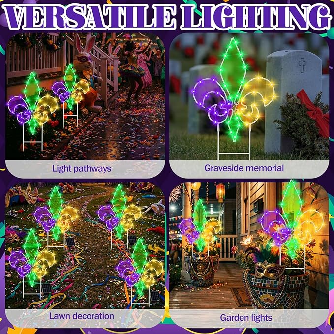 Retisee 3 Pack Mardi Gras Solar Outdoor Lights- Purple Green Gold Yard Stakes Lights, Fleur De Lis Metal Wire | Lumora