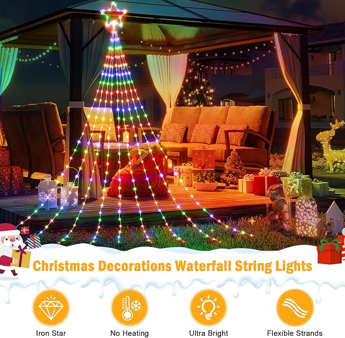 Christmas Decorations Star String Lights - 344 LED Waterfall Tree Lights with 11" Topper Iron Star Christmas Lights Indoor Outdoor Decorative for Wedding Party Home Holiday Decoration, Muitlcolor