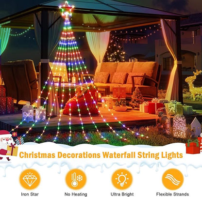 Christmas Decorations Star String Lights - 344 LED Waterfall Tree Lights with 11" Topper Iron Star Christmas Lights Indoor Outdoor Decorative for Wedding Party Home Holiday Decoration, Muitlcolor