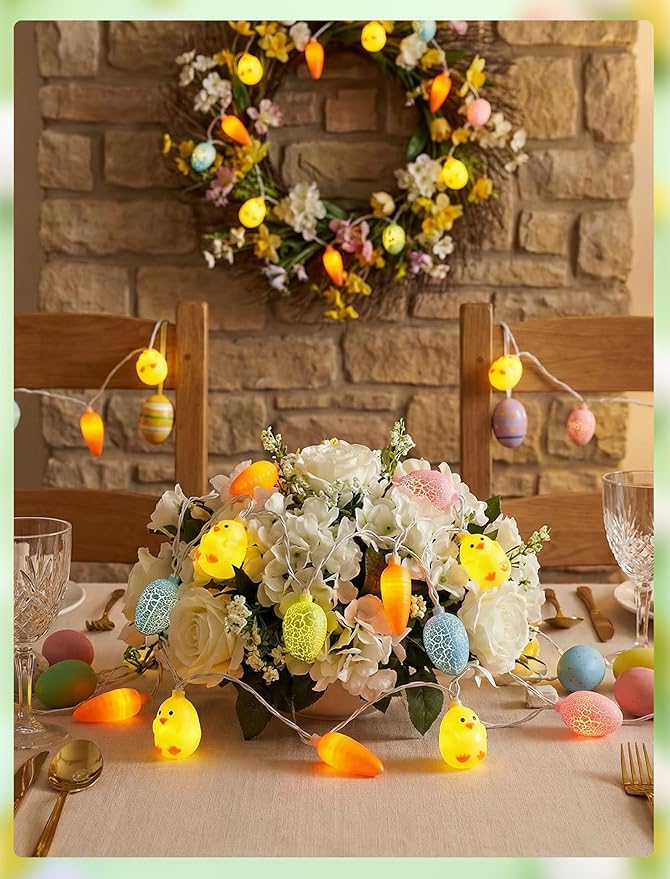 8.5Ft Outdoor Easter String Lights with 10 Cracked Egg, Chick & Carrot LED Decorative Lights for Spring & Easter Decor, Hanging Spring Themed Party Lights for Indoor & Outdoor Holiday Patio Garden