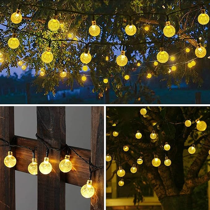 Solar String Lights Outdoor Lights LED Waterproof Warm Color Light String with Bubble Ball 8 Functions Crystal Bead Lights Christmas Lights Garden Courtyard Decoration