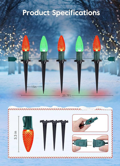 Brightown C9 Christmas Lights Outdoor, 25.7 Ft Strawberry C9 Pathway Lights with 20 LED Bulbs and Stakes, Christmas Decorations Outside Walkway Sidewalk Holiday, Red and Green