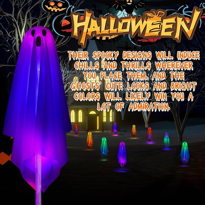 Threan 12 Packs Halloween Decoration Solar Ghost Pathway Decoration Outdoor White Cloth Ghost Stakes, Spooky Cloth Ghosts Solar Decor, Changing LEDs Pathway for Halloween Party Yard Lawn Patio Porch