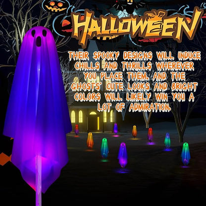 Threan 12 Packs Halloween Decoration Solar Ghost Pathway Decoration Outdoor White Cloth Ghost Stakes, Spooky Cloth Ghosts Solar Decor, Changing LEDs Pathway for Halloween Party Yard Lawn Patio Porch