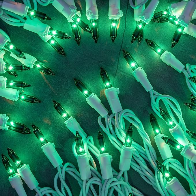 YULETIME 200 Green Christmas Lights, Pack of 2 Sets 33 Feet 100 Count UL Certified Incandescent String Lights (Green - White Wire)