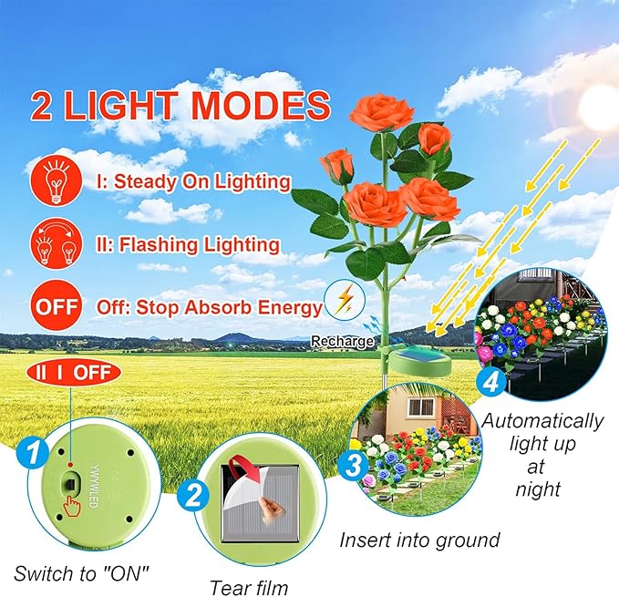 Solar Flower Lights Outdoor - Upgraded New Material Two Modes Realistic LED Solar Powered Waterproof Lights with 5 | Lumora
