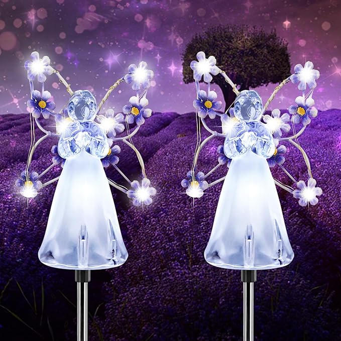 Solar Garden Lights, Fairy Angel Solar Powered Fairy Waterproof Light, 2pcs LED Outdoor Decorative Light, Pathway Lights for Cemetery Grave Memorial Garden Yard Lawn Sympathy Gifts (Purple - 2PCS)