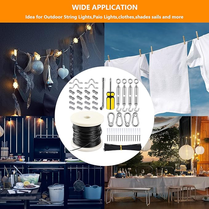 String Lights Hanging Kit with 197Ft Nylon Coated, 304 String Light Cable, Shade Sail Hardware kit, Outdoor Light | Lumora