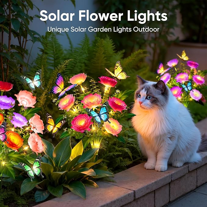 Solar Flowers Lights Outdoor Waterproof: 3 Pack LED Solar Lights Decorative for Outside Garden Decor with Butterfly Auto-On/Off for Yard Landscape Lighting, Gifts for Mom Gardening Enthusiasts
