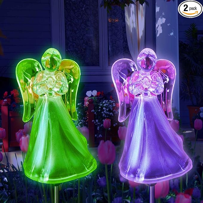 Solar Powered Angel w/Frosted Skirt Garden Stake Landscape Color Change Lights (Set of 2)