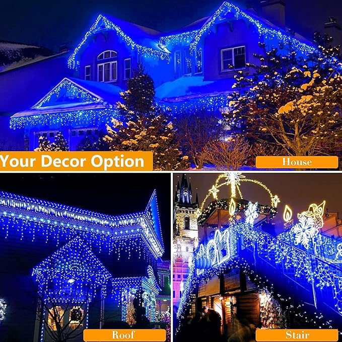 Joomer Christmas Icicle Lights - 19FT Outdoor String Lights Waterproof, 8 Modes Timer Connectable Plug-in String Light for Christmas Party, Eaves, Roofs, Xmas Decorations (Blue)