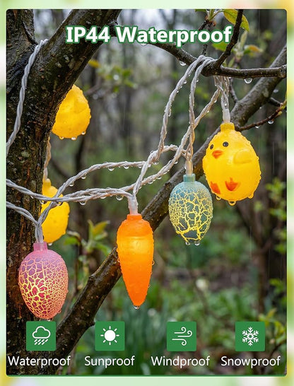 8.5Ft Outdoor Easter String Lights with 10 Cracked Egg, Chick & Carrot LED Decorative Lights for Spring & Easter Decor, Hanging Spring Themed Party Lights for Indoor & Outdoor Holiday Patio Garden