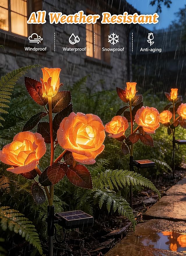 Brightown Outdoor Solar Flower Lights, 4 Pack Solar Garden Light with Larger & More Realistic Champagne Rose, Bigger Solar Panel, Waterproof Solar Lights Outdoor for Yard Garden Lawn Pathway Decor
